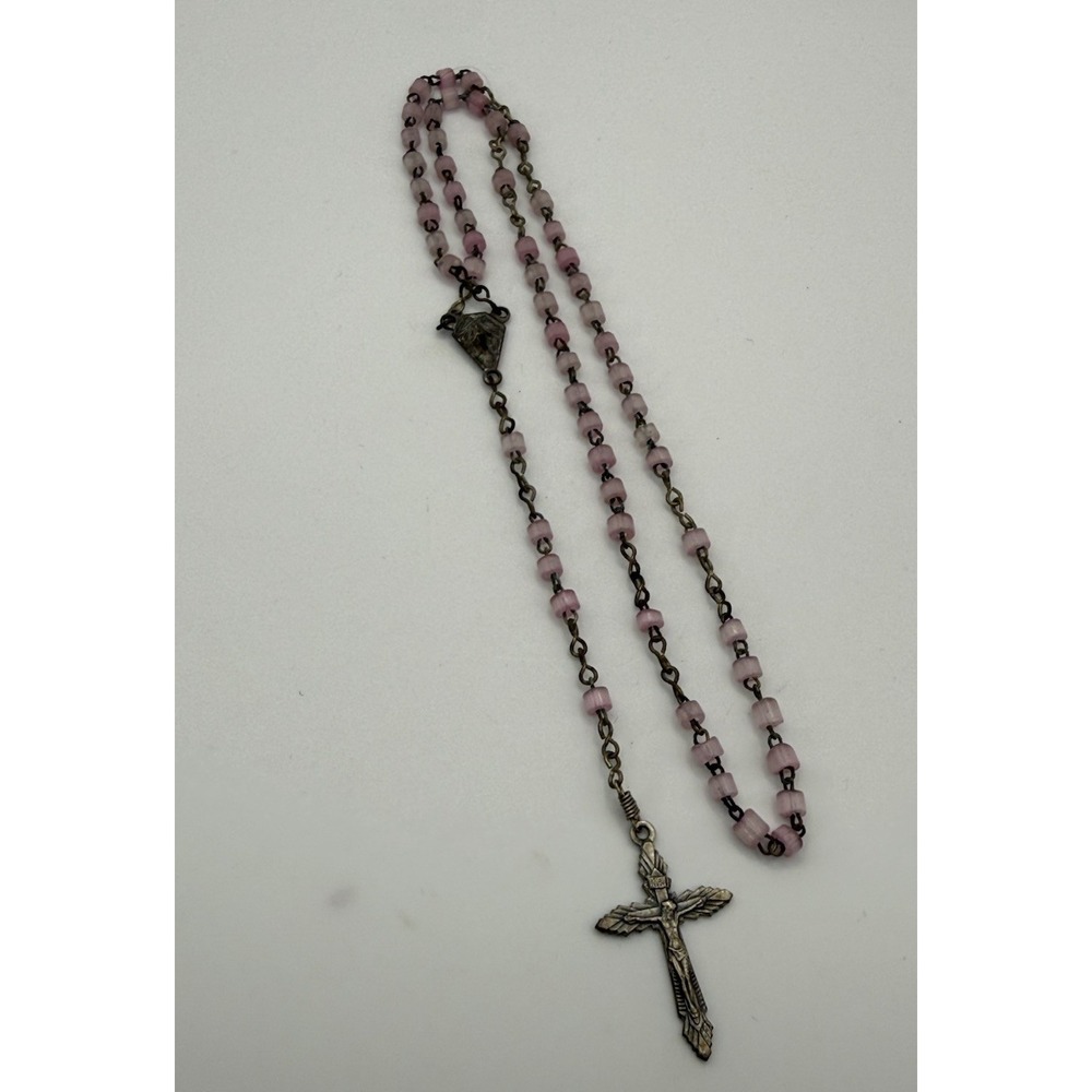 Vintage Pink Bead Catholic 5-Decade Rosary Silver Tone Crucifix & Mary 12.5"L